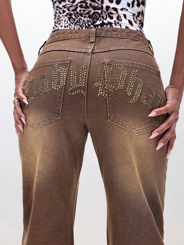BABYPHAT Low Waist Bootcut Flare Jeans With Rhinestone Embellishments Wide Leg Denim Pants For Fall Winter