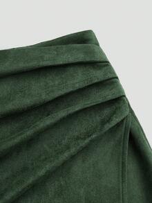 Sweetra Gonna corta in finta pelle scamosciata con pieghe asimmetriche e chiusura lampo decorativa, stile minimalista da pendolare, adatta per autunno/inverno - Verde Scuro - Visualizzare 4