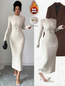 Elenzga Women's Autumn/Winter Elastic Knit Textured Dress, Turtleneck Bodycon Dress, Metal Buckle Design Dress, Elegant Ladies Dress, Casual Dress, Autumn/Winter Women's Clothing, Party Dress