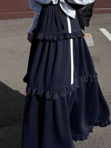 FRIFUL 女士撞色弹力腰荷叶边侧条纹设计喇叭下摆宽松休闲百搭A字半身裙，秋冬款 - 藏蓝色 - 查看 7