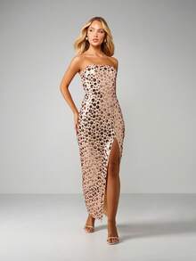 MISSGUIDED Đầm maxi ôm sát không dây vai, đính sequin, xẻ tà bên hông, thích hợp cho các buổi tiệc tối. - Màu be - Xem 1