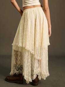 SoleilVie Váy dài ren trơn màu cổ điển Pháp với nhiều lớp bèo nhún bất đối xứng, kiệt tác lãng mạn và thanh lịch cho buổi đi chơi - Màu be - Xem 2