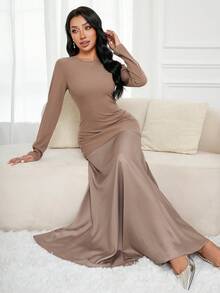 Veilorie Elegant Patchwork Design Mermaid Dress - Khaki - View 1