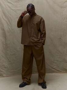 Musero Oversized Long Line Basic Hidden Placket Grandad Collar Jacket Fall SPRING SUMMER - Brown - View 5