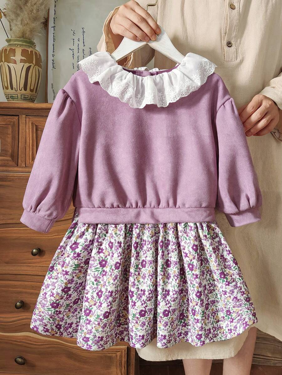 Vintaside Kids Mädchen bequemes, elegantes Kleid mit großem Kragen, leicht fallenden Schultern und niedlichem Blume Muster-Saum an den Ärmeln, vielseitig für Übergangszeiten von Frühling, Herbst und Winter, Landhaus-Chic Stil, und damenhaft