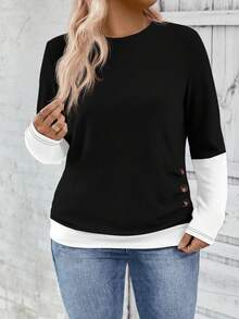 EMERY ROSE 女式休闲圆领长袖侧褶大纽扣装饰设计加大码 T 恤，秋冬 - 黑色 - 查看 6