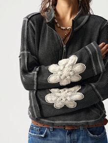 Bohemela 女士休闲纯色针织圆领长袖宽松水洗运动衫，适合秋季、万圣节、圣诞节、音乐节 - 黑色 - 查看 3