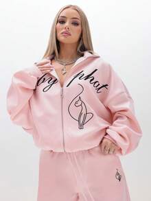 BABYPHAT Áo nỉ cổ cao cỡ lớn có khóa kéo in chữ và họa tiết mèo cho trang phục dạo phố thường ngày mùa đông - Hồng - Xem 4