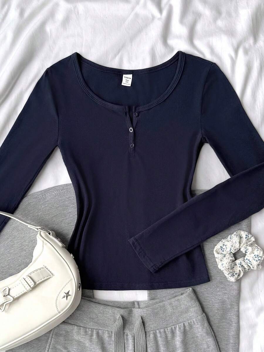 Teen Girls Striped Half Zip Casual Minimalist Knit Long Sleeve T-Shirt, Navy Blue