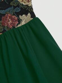 Sweetra Printed Patchwork Bustier Tie Strap Flare Sleeve Plus Size Dress - Dark Green - View 8