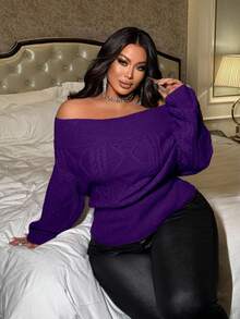 NU&NOW Plus Size Women Solid Color Off-Shoulder Cable Knit Pullover Sweater - Purple - View 5