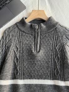 男式半拉链扭绳长袖毛衣 - 灰色 - 查看 3