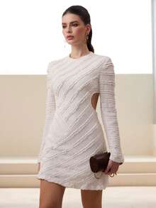 Modelyn Váy dự tiệc tay dài ôm sát, khoét lỗ Jacquard màu trơn dành cho nữ - Màu be - Xem 9