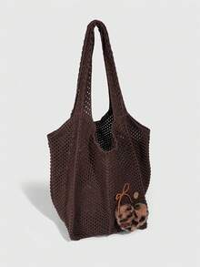 ROMWE Fairycore 1个度假风镂空编织咖啡色女士单肩手提包，大容量，豹纹心形装饰针织包 - 咖色 - 查看 7