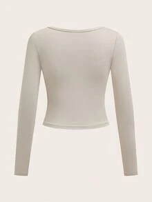 SHEIN EZwear Áo thun dài tay dáng rộng cổ lọ tay raglan tối giản dành cho nữ, màu mơ, xuân/thu - Màu Xám nhạt - Xem 3