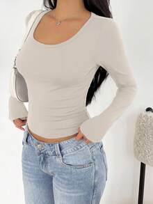 SHEIN EZwear Áo thun dài tay dáng rộng cổ lọ tay raglan tối giản dành cho nữ, màu mơ, xuân/thu - Màu Xám nhạt - Xem 6
