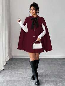 Elenzga 时尚休闲法式复古优雅珍珠纽扣蝴蝶结斗篷毛呢大衣 - 紅色 - 查看 3