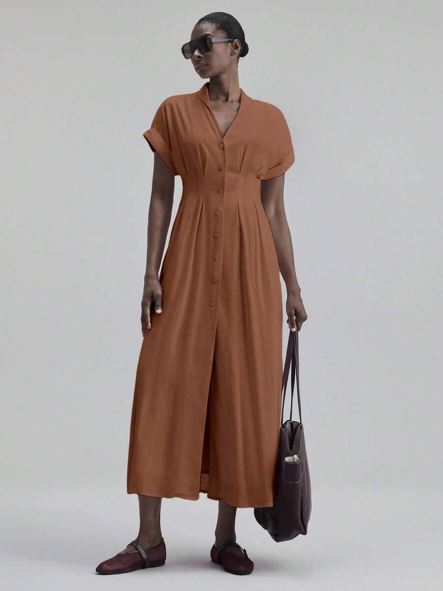 Ontre 女士纯色 V 领蝙蝠袖褶皱单排扣休闲长裙，适合城市通勤、商务休闲、办公室穿着，优雅适合圣诞派对、新年派对、假日海滩