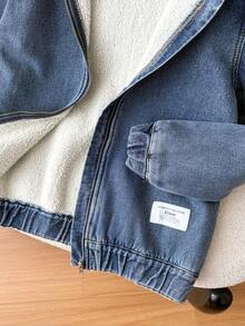 SHEIN Tween Jungen Mode Lässig Y2k Vintage Cool Straße Rückkehr zur Schule College Basic Label Einfach und Bequem Blau Denim Fleece Kapuzen Langarm Jacke für Kinderbekleidung Tween Jungen Kostüm Alltagskleidung und Kinder Sommer und Herbst Rave Outfits Festival und Strand Outfits Streetwear Schulkleidung