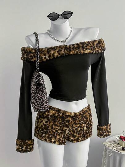 Comfortcana 2件套女式修身短袖上衣和豹纹仿皮草短裤套装
