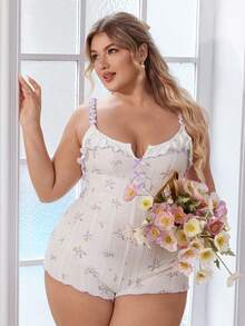 CottageSlumber Macacão com Gola Babado e Laço para Mulheres Plus Size
