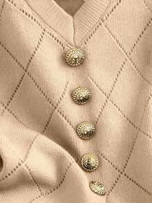 GlowEve CURVE 1pc Women Plus Size Diamond Pattern Gold Button Knit Sweater Top