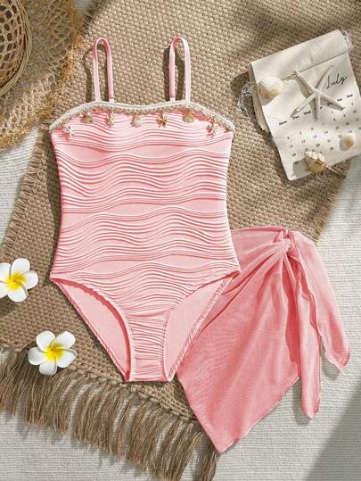 SHEIN Tween Girls One-Piece Swimsuit With Textured Fabric And Mesh Skirt, Suitable For Beach, Pool, Leisure And Holiday, Spring/Summer Seashell Bathing Suit Pink One Piece Swimsuit For Teen Girls High Waisted Swimsuit Tween Bodysuit Set Bathing Suit Set Tween High Waisted Swimsuit Pink One Piece Bathing Suit Tween High Waisted Swimsuit