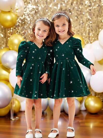 SHEIN Girls' Green Velvet Five-Pointed Star Foil Print Dress
