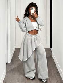 BamGleam 秋冬新款复古休闲高腰不对称裙裤，松紧腰宽松阔腿裤，带保暖内衬，适合女性穿着 - 灰色 - 查看 4