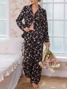 CottageSlumber Conjunto de pijama con top de cuello con solapa y pantalones con estampado floral de burbujas y arrugas, ropa de otoño e invierno - Multicolor - Ver 2