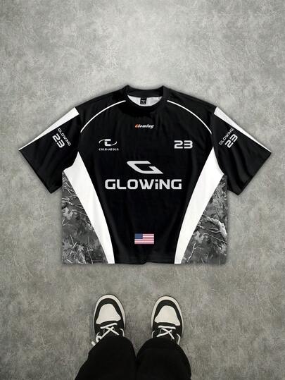 Aesthetic Post 加大码男士字母树枝印花圆领短袖休闲T恤