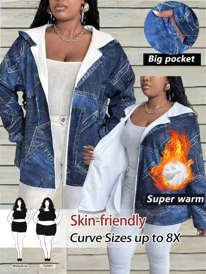 SHEIN CURVE+ Plus Size Women's Autumn/Winter Sexy Digital Denim-Look Thermal Lined Zip-Up Hoodie Jacket With Pockets, Loose Fit Casual Versatile Outerwear For Daily, Outdoor, Commute, Shopping