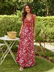 KARISMINA Rochie ocazională de damă, fără spate, cu decolteu în V, în formă de A, potrivită pentru vacanță - Roșu Ditsy Floral, stil boho - Multicolor - Vizualizare 5