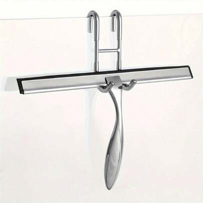 1pc Stainless Steel Shower Squeegee With Silicone Blade & Ergonomic Handle - Rust-Resistant Bathroom, Kitchen, Car Glass Cleaner - Includes Hooks Holder For Shower Doors, Windows, Mirrors, Bathroom Cleaning Tool | Modern Sleek Design | Stainless Steel Squeegee