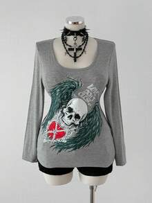 Sunspun Plus Size Vintage Punk Skull & Wing Print Long Sleeve T-Shirt, Autumn - Grey - View 4