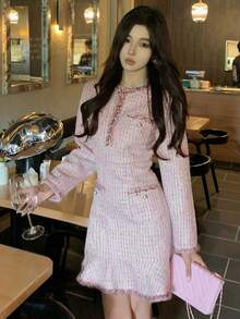 DAZY 女式时尚优雅 Y2K 粗花呢长袖中长连衣裙舞会礼服 - 粉色 - 查看 2