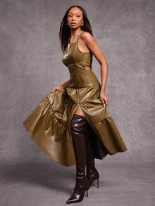 NYA SZN Olive Green Summer Chic Party Night Dress Buckle Detail Tier Skirt Cut Out Modest Vintage Fall Maxi Length Statement Festival Outfits For Women - Green - View 1