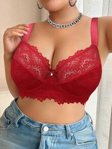 LustreForm 1pc Plus Size Lace Patchwork Underwire Bra, For Christmas - Red - View 3