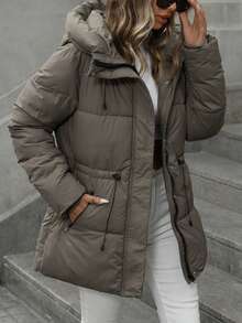 Aveloria Modichic 时尚休闲可调节腰部绗缝中长款连帽加厚棉服外套女士冬季服装