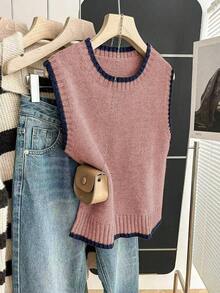 Franclia 女式休闲宽松圆领无袖针织撞色饰边卡其色毛衣上衣，春秋季 - 西瓜粉 - 查看 4