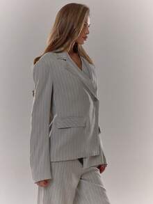 MUSERA Wrap Front Striped Asymmetric Shoulder Pad Blazer Only Cute Classy Sexy Streetwear Fall Autumn Night Out Winter Party Spring - Grey - View 4