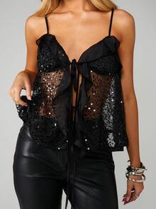 MISSGUIDED Áo hai dây sequin có chi tiết buộc phía trước và viền bèo nhún cho những buổi tối - màu đen - Xem 4