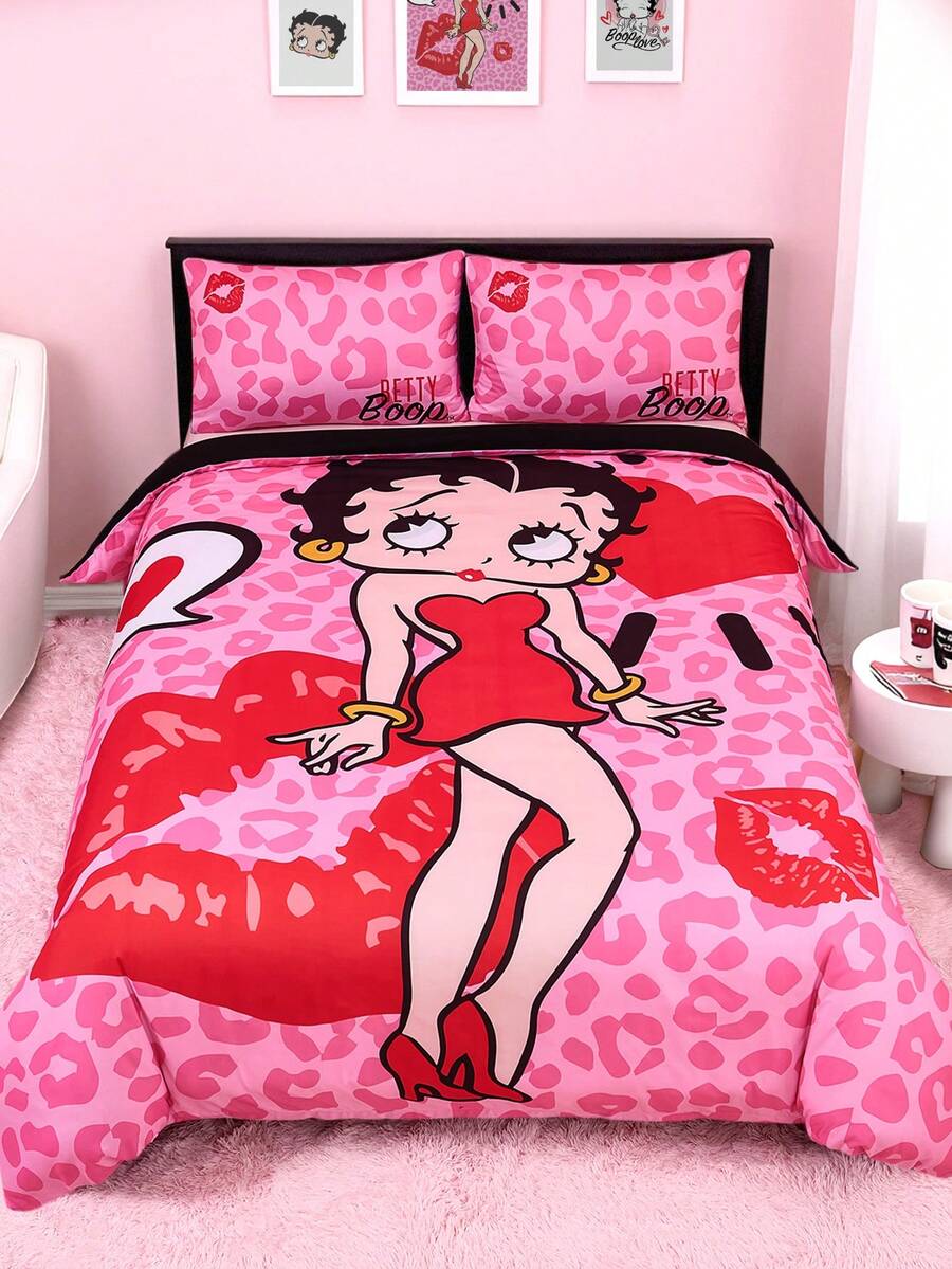 Betty Boop x SHEIN 三件套玫瑰红豹纹图案被套，抛光面料，柔软保暖，多种尺寸可选，适用于单人床/双人床/大号床/特大号床，送礼佳品，适合派对、节日、情人节等场合。 - 玫紅色 - 查看 1