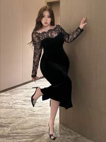 Dazy Plus Plus Size Women's Velvet Contrast Lace Bodycon Party Dress, Sexy & Stretchy For Dates Prom Dress