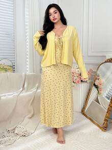 Dazy Plus 2pcs/Set Elegant Ditsy Floral Fitted Camisole Maxi Nightgown & Solid Color Cardigan Sleepwear Set, Plus Size
