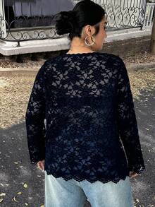 Calvaya New Arrival High-End Sweet & Spicy Hollow-Out Lace Top - Navy Blue - View 2