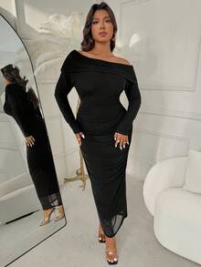 Femmeverse Asymmetrisches Schulter-Einteiliges Kleid in Große Größen, elegantes figurbetontes Cocktailkleid für reife Damen