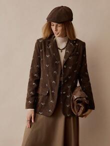 Florisole 复古拉绒西装廓形，刺绣面料，复古配色，适合日常穿着、上班通勤 - 棕色 - 查看 6