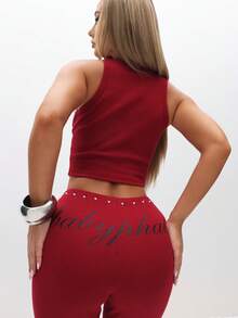 BABYPHAT Studded Waistband Detailing Ribbed Leggings For Women Casual Everyday Wear - Burgundy - View 1