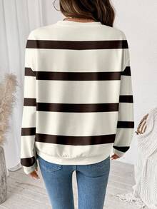 SHEIN LUNE Casual Minimalist Brown & Beige Striped Print Round Neck Loose Fit Long Sleeve Sweatshirt For Women, Suitable For Autumn/Winter,Casual - Multicolor - View 2